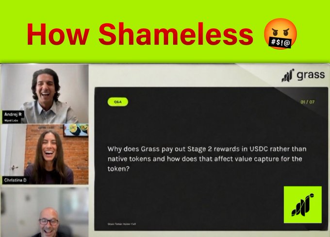 The image is a thumbnail showing the $GRASS team laughing during a Q&A while a slide displays the unanswered question "Why does Grass pay out Stage 2 rewards in USDC rather than native tokens and how does that affect value capture for the token?"