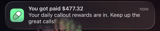 A notification from the Pump app reads, "You got paid $472.32," with the message "Your daily callout rewards are in. Keep up the great calls!" This serves as evidence for the user's claim that Pump pays users for making crypto "callouts" every 6 hours, rewarding them based on the trading volume those calls generate.