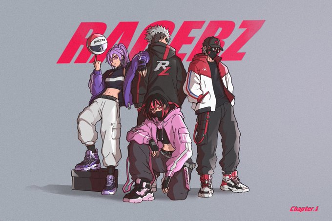 The image features an anime-style promotional illustration with the bold pink text "RACERZ" and "Chapter 1" displayed alongside four characters in streetwear and racing-themed attire, visually tying into the post's excitement about the GRIP NFT collection and its potential as a standout "blue chip" in the NFT space.