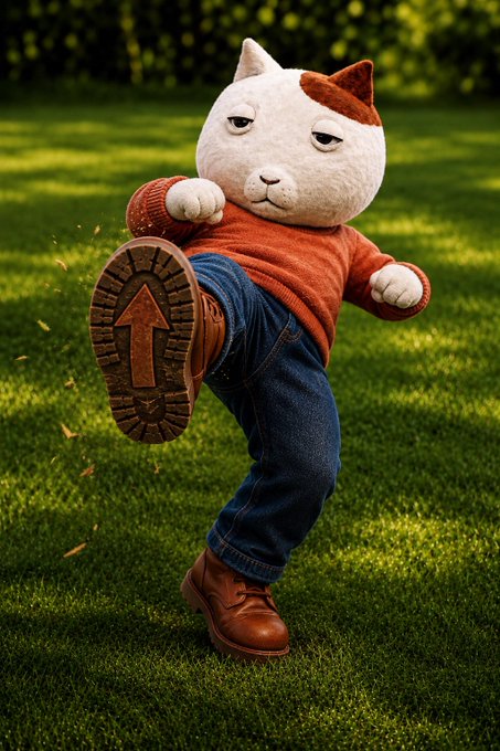 A whimsical image of an anthropomorphic cat character wearing an orange sweater and blue jeans, performing a high kick on a grassy field, with an arrow pattern visible on the sole of its boot.
