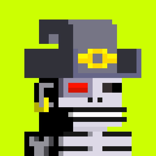 A pixel art character wearing a gray and blue cap with a yellow buckle, set against a bright neon green background.