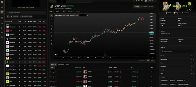 The image shows a cryptocurrency/NFT trading dashboard featuring Cash Cats with a price chart displaying a strong upward trend, reaching around $0.00013, alongside a "Send With Purpose" portfolio tracker showing various tokens like Hoodoo and CryptoHounds. This visual supports the post's bullish sentiment about Cash Cats NFTs by illustrating their recent positive price action and increasing momentum on what appears to be the Jupiter exchange platform.