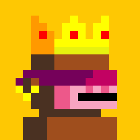 A pixel art character on a yellow background, featuring a stylized figure with a pinkish face, dark body, purple accents, and a crown-like element on top.
