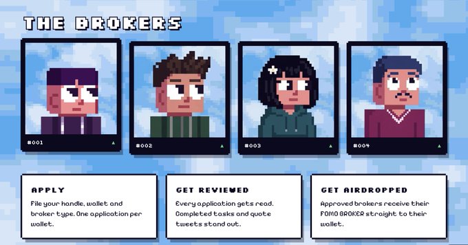 A pixel art graphic titled 'THE BROKERS' featuring four character portraits labeled #001-#004, with instructions below for 'APPLY', 'GET REVIEWED', and 'GET AIRDROPPED' for FOMO BROKER tokens.