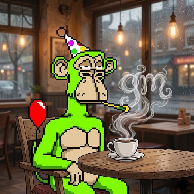 The image depicts a monkey sitting at a table in front of a window, sipping coffee from a cup and blowing smoke into his mouth while wearing a party hat. The caption to the post suggests that it's Good Morning Everyone Can I get GM? @perx_trade seems to be an active application on Nomisma Network Super Alpha which is likely related to the content of the image or the post itself.