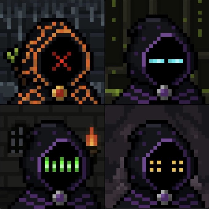 A four-panel pixel art image depicting variations of a cloaked, hooded figure with a dark void for a face, displaying different glowing facial features like an 'X' mark, blue bars, green bars, and yellow dots against dark dungeon-like backgrounds.