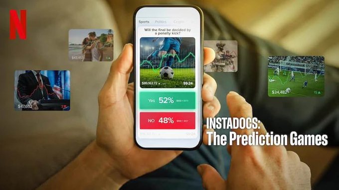 A person holds a smartphone displaying the Netflix game "Instadocs: The Prediction Games," showing a sports betting market asking "Will the final be decided by a penalty kick?" with Yes 52% and No 48% options. The image ties to the post's theme by illustrating how mainstream audiences are engaging with prediction markets, with the user noting that gambling-style apps have captured retail interest that crypto projects hoped to attract.