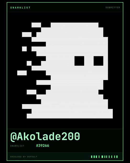 The image is a Snarklist submission card featuring a pixelated ghost-like character dissolving on the left side, with two square black eyes, framed by a green border. At the top, it reads "SNARKLIST" and "SUBMITTED," while the bottom displays the handle "@Akolade200," the record number "#39266," and the tagline "SHIELDED BY DEFAULT." This visually represents the user's application to the Snarklist, matching the post's announcement of joining record 39266 with default shielding status.