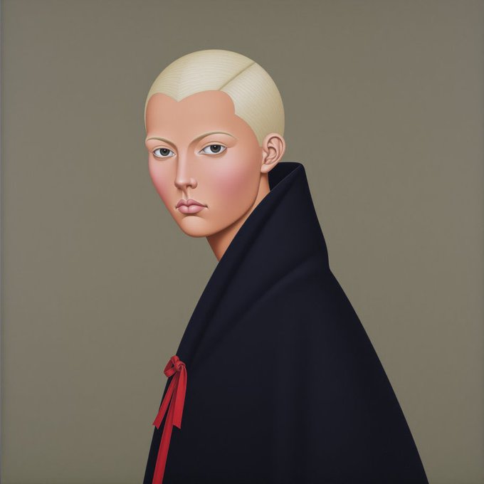 A stylized digital portrait of a figure with short blonde hair, wearing a dark cloak fastened with a red ribbon, set against a muted gray background—evoking a mysterious, avant-garde aesthetic that aligns with the cryptic NFT art shared by @Divergents_eth.