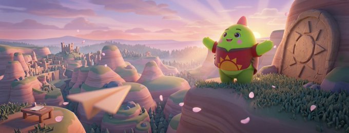 The image features a cartoon character standing on top of a cliff with a castle-like structure behind them. The character appears to be smiling as they look out over the landscape below. In the background, there are mountains that add depth to the scene. The overall color palette is predominantly green and brown, creating a serene atmosphere. There's also an airplane visible in the image, which could potentially be related to the castle or the character's journey.
