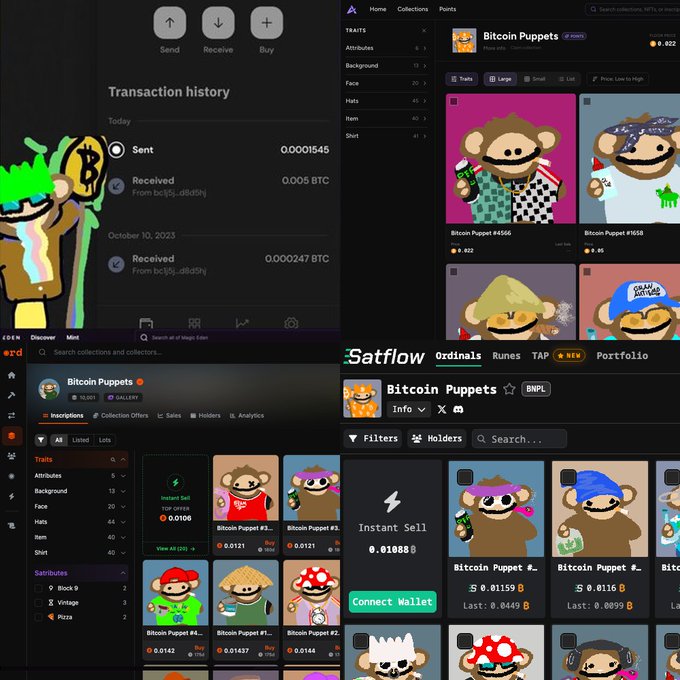Four screenshots of cryptocurrency platforms display the "Bitcoin Puppets" Ordinals collection, showing transaction history with 0.005 BTC received, a marketplace listing with a floor price of 0.0106 BTC, and sales data including Bitcoin Puppet #3 at 0.0121 BTC and an instant sell option at 0.01888 BTC, directly visualizing the blue-chip collection's trading activity referenced in the post.