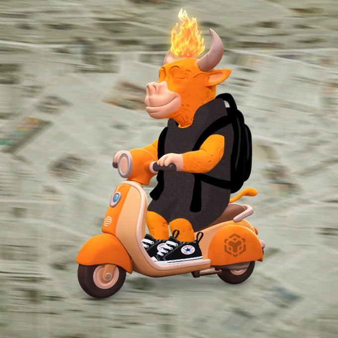 A cartoon orange bull with flaming horns rides a scooter while wearing a black backpack, with a pair of sneakers visible on the floorboard. The image likely represents the NFT project, where the bull symbolizes the "bullish" nature of the collection, and the post indicates that while there will be plenty of supply for public mint at 0.0015 BNB, the total supply is capped at 4,444.
