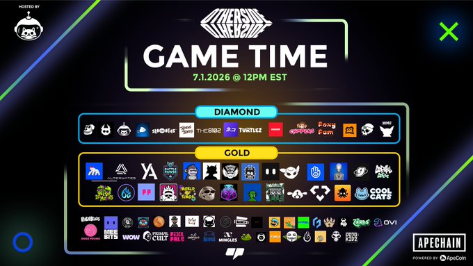 A promotional graphic announcing "GAME TIME" on 7.1.2026 at 12 PM EST, featuring tiered sponsor logos organized into Diamond and Gold categories, with ApeChain branding at the bottom and a "HOSTED BY" avatar in the top-left corner—visually supporting the announcement of new Gold Partners Cool Cats and Lil Mutants alongside other premium NFT partners.