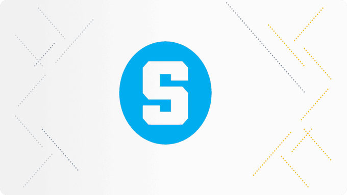 A blue circle logo with a stylized white letter "S" on a light gray background with decorative diagonal line patterns.