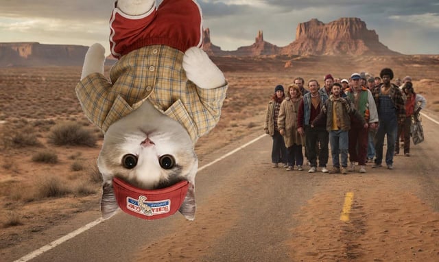 The image features a cat wearing a red hat, sitting upside down on its hind legs with its head hanging over the side of a road. The cat appears to be in a desert setting, surrounded by people walking nearby. There are at least 13 people visible in the scene, some closer and others further away from the cat. A car can also be seen parked near the group of people.