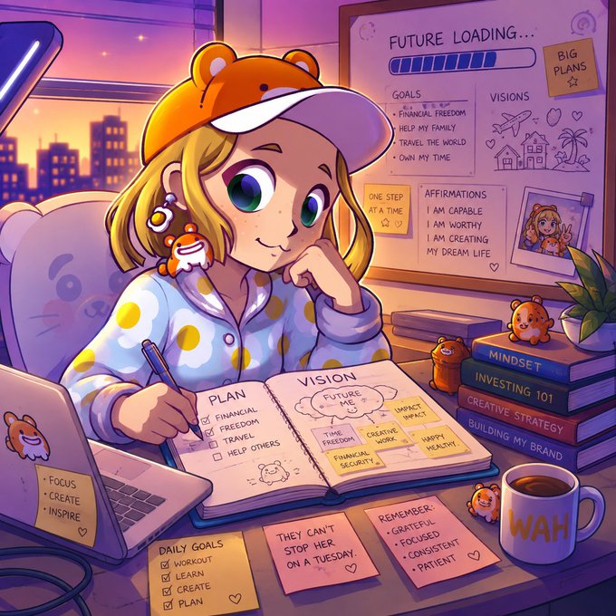 A cute cartoon illustration of a blonde girl in pajamas and a bear-eared cap sitting at a desk with a "PLAN/VISION" notebook, writing down goals like Financial Freedom, Travel, and Help Others, surrounded by motivational sticky notes, self-help books (Mindset, Investing 101, Creative Strategy), and a coffee mug marked "WAH".