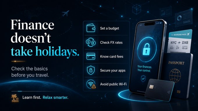 A Binance financial travel advisory graphic reads "Finance doesn't take holidays" with the tagline "Check the basics before you travel" and "Learn first. Relax smarter." alongside a checklist (Set a budget, Check FX rates, Know card fees, Secure your apps, Avoid public Wi-Fi) next to a smartphone, boarding pass (NYC→DXB), passport, and credit card, visually reinforcing the post's message to review finances before traveling.