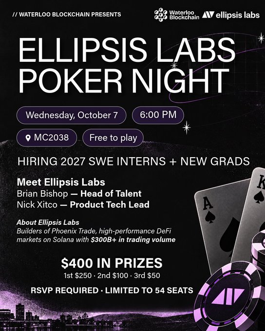 An event flyer for 'ELLIPSIS LABS POKER NIGHT' presented by Waterloo Blockchain on Wednesday, October 7 at 6:00 PM in MC2038, featuring $400 in prizes and hiring for 2027 SWE interns and new grads.