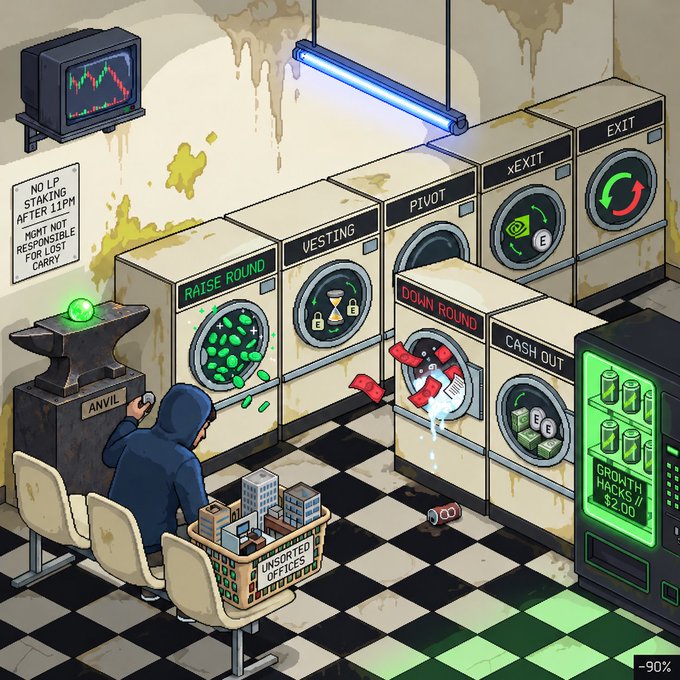 A grimy laundromat with washing machines labeled "RAISE ROUND," "VESTING," "PIVOT," "DOWN ROUND," and "CASH OUT" alongside an anvil marked "ANVIL," a vending machine advertising "GROWTH HACKS// $2.00," and a hooded figure sitting in a basket of "UNSORTED OFFICES." A -90% indicator appears in the corner, matching the post's celebratory "Hell ya.." reaction to the chaotic illustration of startup hell.