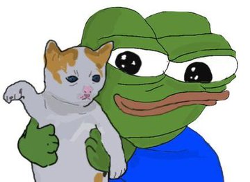 The image shows Pepe the Frog holding a cat with a grumpy expression. This relates to the "robinhood coins look good here" post as Pepe, a meme coin icon, often signals excitement about crypto charts hitting favorable levels—similar to a stock reaching a buy point on the Robinhood platform.