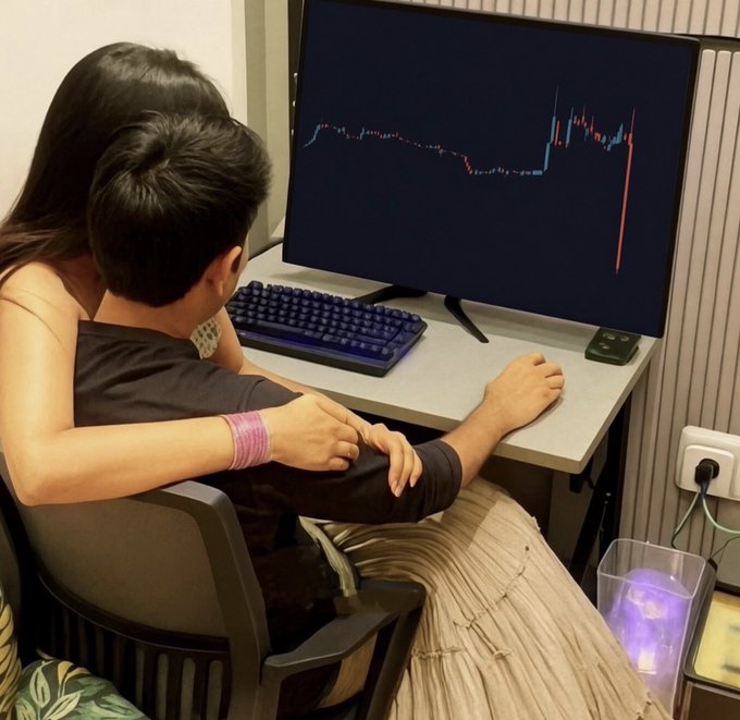 A couple sits close together as they stare at a computer monitor displaying a sharply declining stock chart with a dramatic red plunge, humorously illustrating how a $15,000 investment has quickly turned into a significant loss.