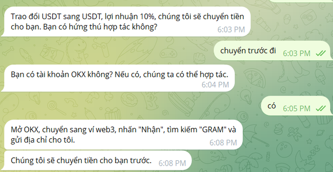 A chat conversation in Vietnamese shows a scam attempt offering a USDT exchange with 10% profit, asking the user to pay first via an OKX account using the GRAM token.