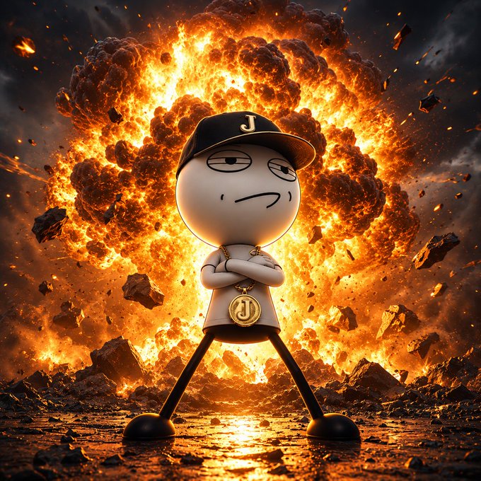A cartoon-style character wearing a black 'J' cap and a gold 'J' chain stands confidently with arms crossed in front of a massive fiery explosion.
