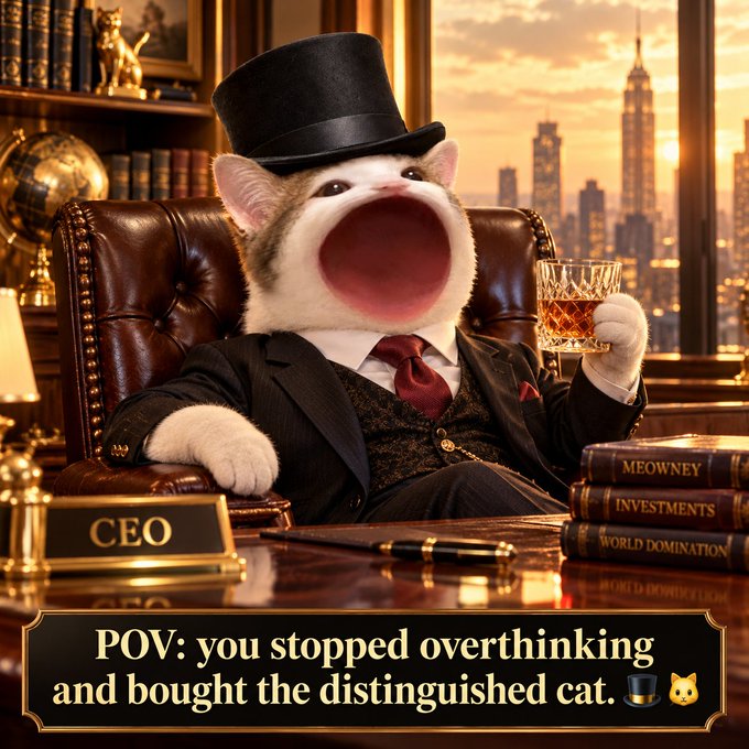 A humorous image of a cat dressed as a CEO in a top hat and suit, holding a glass of whiskey at a desk with a 'CEO' nameplate, captioned 'POV: you stopped overthinking and bought the distinguished cat.'