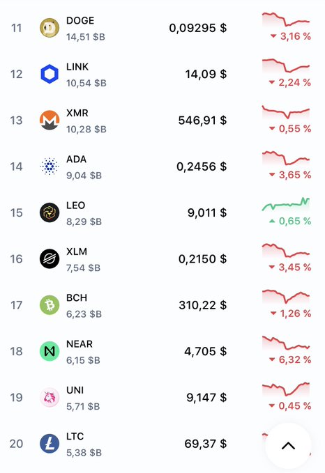 A cryptocurrency ranking list showing coins including DOGE ($0.09295), LINK ($14.09), XMR ($546.91), ADA ($0.2456), LEO ($9.011), XLM ($0.2150), BCH ($310.22), NEAR ($4.705), UNI ($9.147), and LTC ($69.37) with their respective percentage changes.