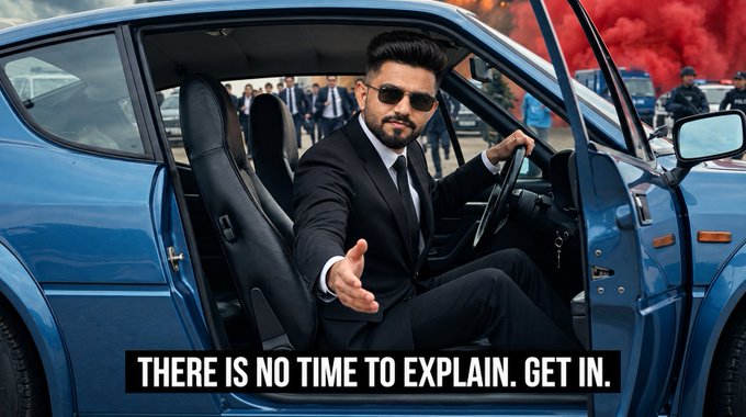 A man in a black suit and sunglasses sits in the open door of a blue car, reaching out his hand with the caption "THERE IS NO TIME TO EXPLAIN. GET IN."