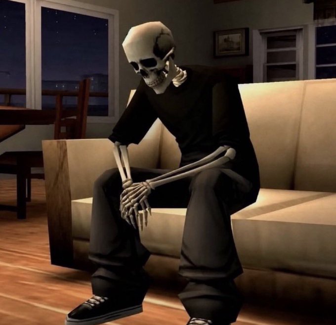 A skeleton in a black shirt and pants sits hunched over on a couch with its head resting on its hand in a contemplative pose. The image relates to the "Gn bros" caption by depicting a skeletal figure in a relatable, casual setting—suggesting a humorous take on feeling tired or weary, as if reduced to just bones at the end of the day.