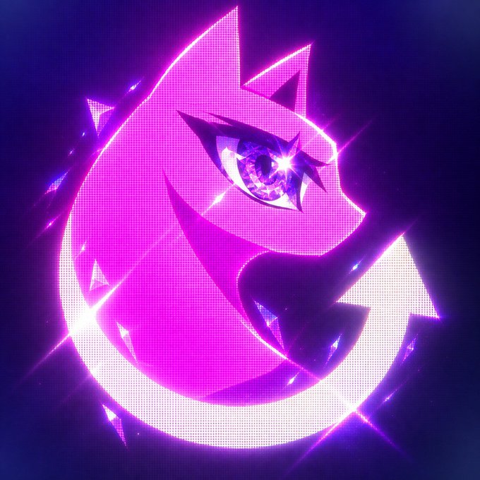 A stylized digital illustration of a purple and pink glowing crescent shape with a star-like eye, set against a dark blue background.
