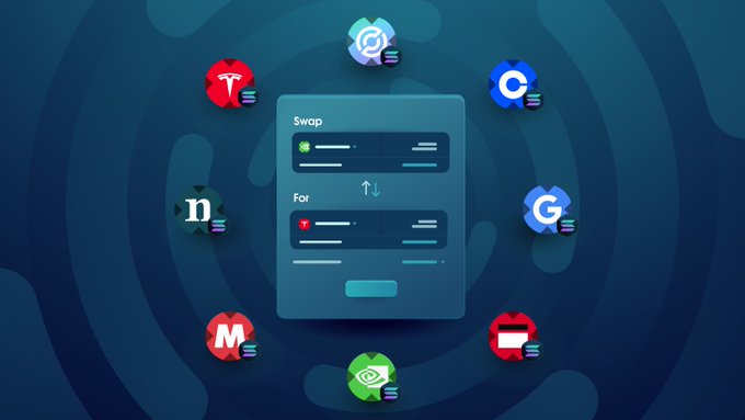 An illustration of a cryptocurrency swap interface surrounded by various token logos arranged in a circular pattern on a teal background.