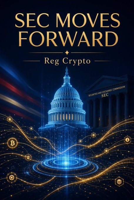A digital illustration titled 'SEC MOVES FORWARD - Reg Crypto' depicting the U.S. Capitol and SEC building overlaid with glowing blue and gold cryptocurrency network lines and Bitcoin icons.