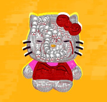 A digital artwork featuring a Hello Kitty-like figure made entirely of stacked skulls and bones, wearing a red bow and red dress against an orange background.