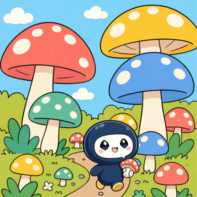 A cute cartoon character in a dark hooded outfit joyfully holds a small spotted mushroom while walking through a whimsical forest filled with giant colorful mushrooms in red, yellow, and blue against a bright sky. The scene perfectly illustrates the post's message about curiosity leading to magical discoveries, with the charming mascot representing Dlicom's playful spirit of exploring new worlds.