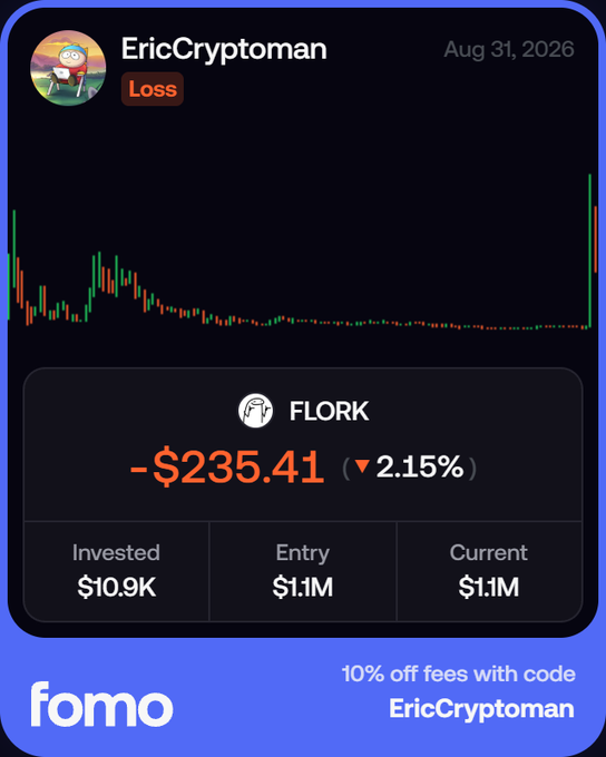 A promotional graphic for "fomo" shows a trading loss for user EricCryptoman on the $FLORK token dated Aug 31, 2026, displaying a -$235.41 loss (2.15%) on a $10.9K investment, illustrating the gamble mentioned in the post about betting on $flork as a potential "giga sender" meme coin.