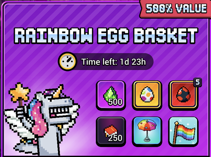 Pixel-art style game interface for a 'Rainbow Egg Basket' bundle with 588% value, showing items like gems, eggs, a beach umbrella, and a rainbow flag with 1d 23h remaining.