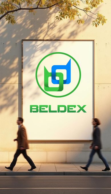 A large outdoor billboard mounted on a cream-colored wall displays the green Beldex logo and "BELDEX" branding, as two pedestrians walk past on the sidewalk below. The promotional display visually reinforces the post's message about digital privacy and freedom by showcasing the cryptocurrency brand in a public urban setting, symbolizing its mainstream presence and accessibility to everyday internet users.