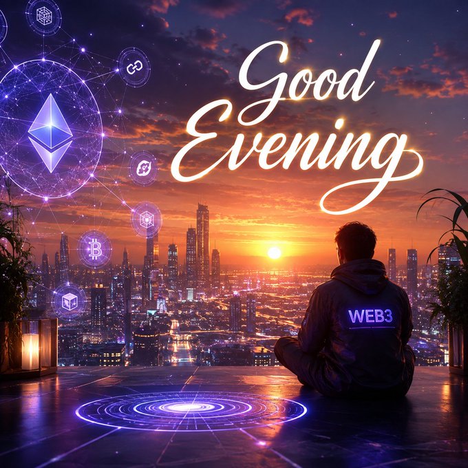 A digital illustration of a person wearing a jacket labeled 'WEB3' sitting on a balcony overlooking a sunset cityscape with cryptocurrency icons floating in the sky, featuring stylized 'Good Evening' text.