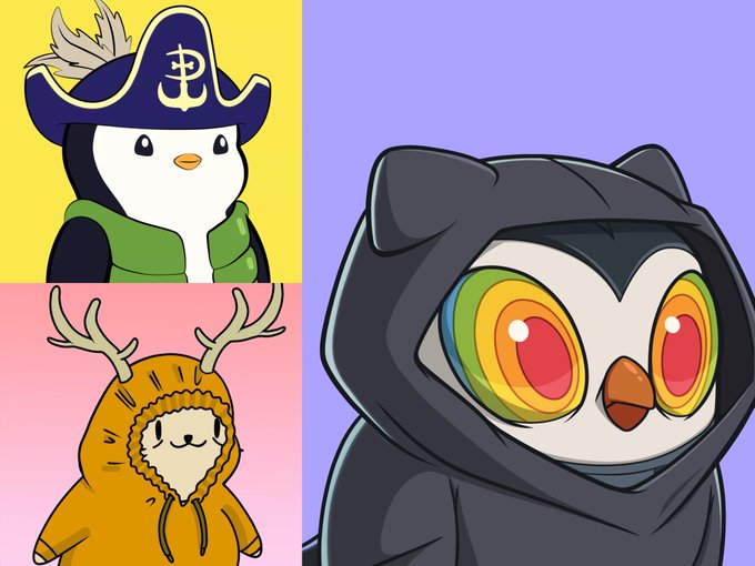 A collage of three cartoon characters (a pirate penguin, a deer in a hoodie, and a black hooded owl with rainbow eyes) accompanies a "gm" crypto post declaring an "IP supercycle incoming—act accordingly." The playful mascots reinforce the bullish, hype-driven tone, framing the supercycle announcement as a fun, community rallying call.