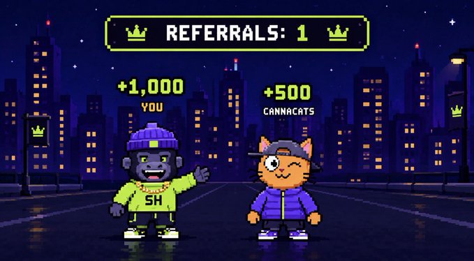 A pixel-art retro video game scene showing two characters (one labeled 'YOU' with '+1,000' and another 'CANNACATS' with '+500') under a banner reading 'REFERRALS: 1' against a night city skyline.