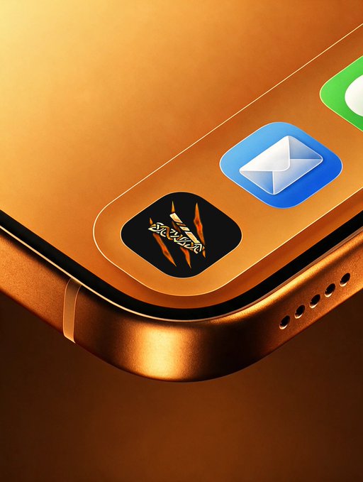 A close-up of a gold smartphone screen displaying three app icons, including a black icon with orange claw marks and a blue messaging icon.