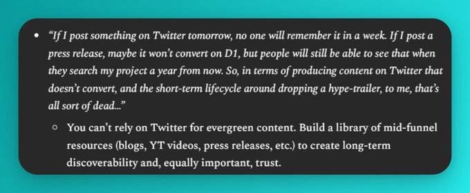 A black quote slide with teal background discussing Twitter's short content lifecycle, advising to build a library of mid-funnel resources (blogs, YT videos, press releases) for long-term discoverability.