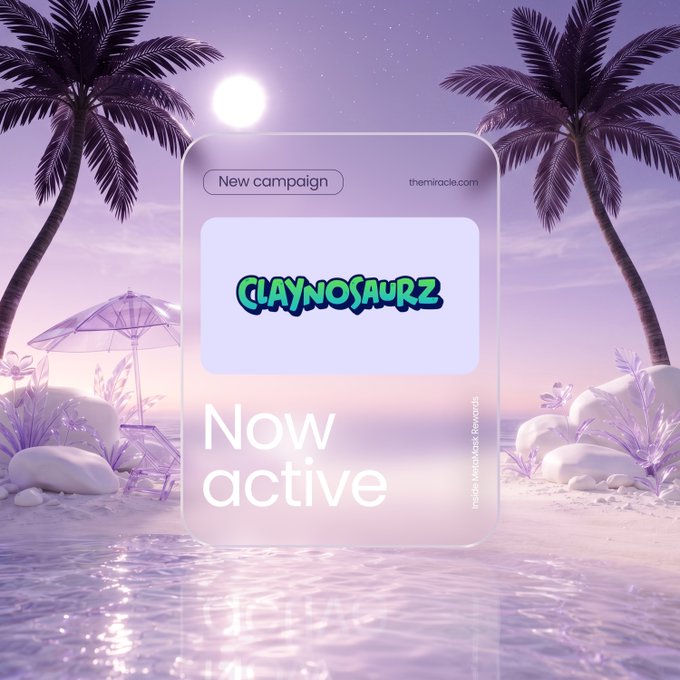 A purple-tinted beach scene with palm trees, featuring a frosted glass card labeled 'New campaign' for 'CLAYNOSAURZ' with 'Now active' text and 'themiracle.com' branding.