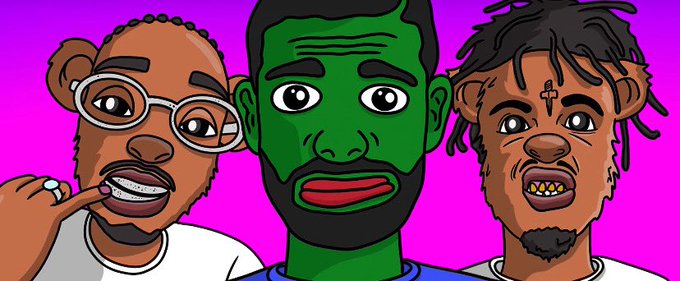 A vibrant cartoon illustration on a bright pink background depicting three stylized male characters: one wearing glasses with grills, a green-skinned figure with red lips, and a third with dreadlocks, a forehead cross, and grills.