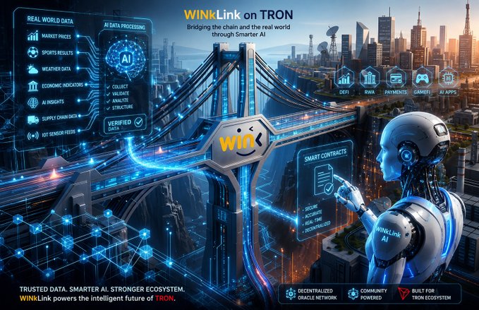The image features a robot standing under a bridge, with an AI interface displayed above it. The robot appears to be interacting with the AI system, possibly using its intelligence for navigation or communication purposes. The background of the image shows a city skyline, indicating that this scene takes place in an urban setting. The post about WINK-LINK on TRON is related to the image as it likely discusses the integration of artificial intelligence and blockchain technology into various industries, including transportation and smart cities.