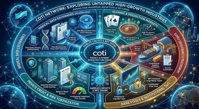 An infographic titled 'COTI NETWORK: EXPLORING UNTAPPED HIGH-GROWTH INDUSTRIES' detailing its privacy and payment infrastructure engine.
