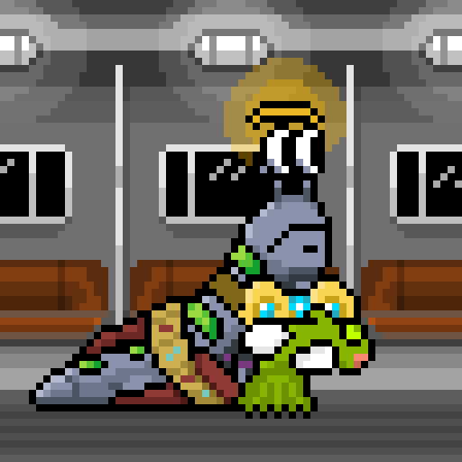 A pixel art character with blonde hair and sunglasses stands among piles of garbage and loot, possibly in a subway or industrial setting.