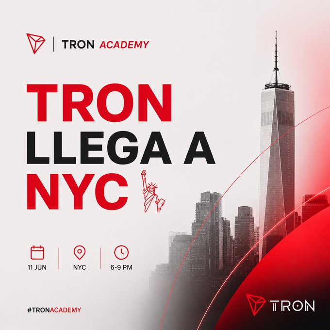 The image features a poster for an event at the Tron Academy in NYC. The poster has a red background with white text that reads "TRON LEGA NYC" and includes a picture of New York City skyline, including the Statue of Liberty. The event is scheduled to take place on Saturday, June 6th from 6-8 pm.